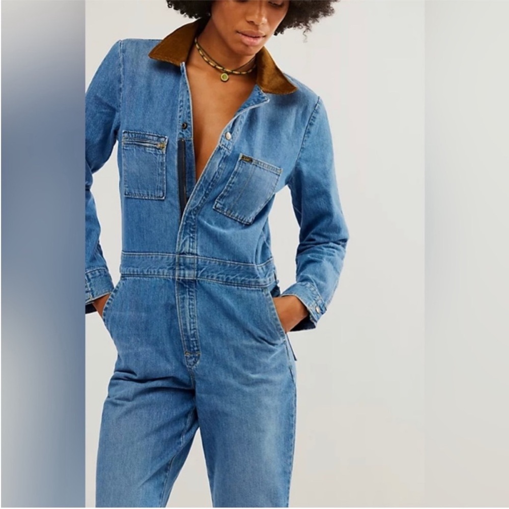Lee Blue Denim Jumpsuit with Brown Collar